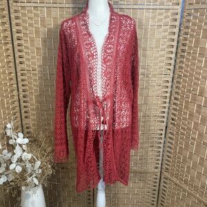 Open Weave Red Crochet Johnny Was Cardigan Kimono Robe Cover Up